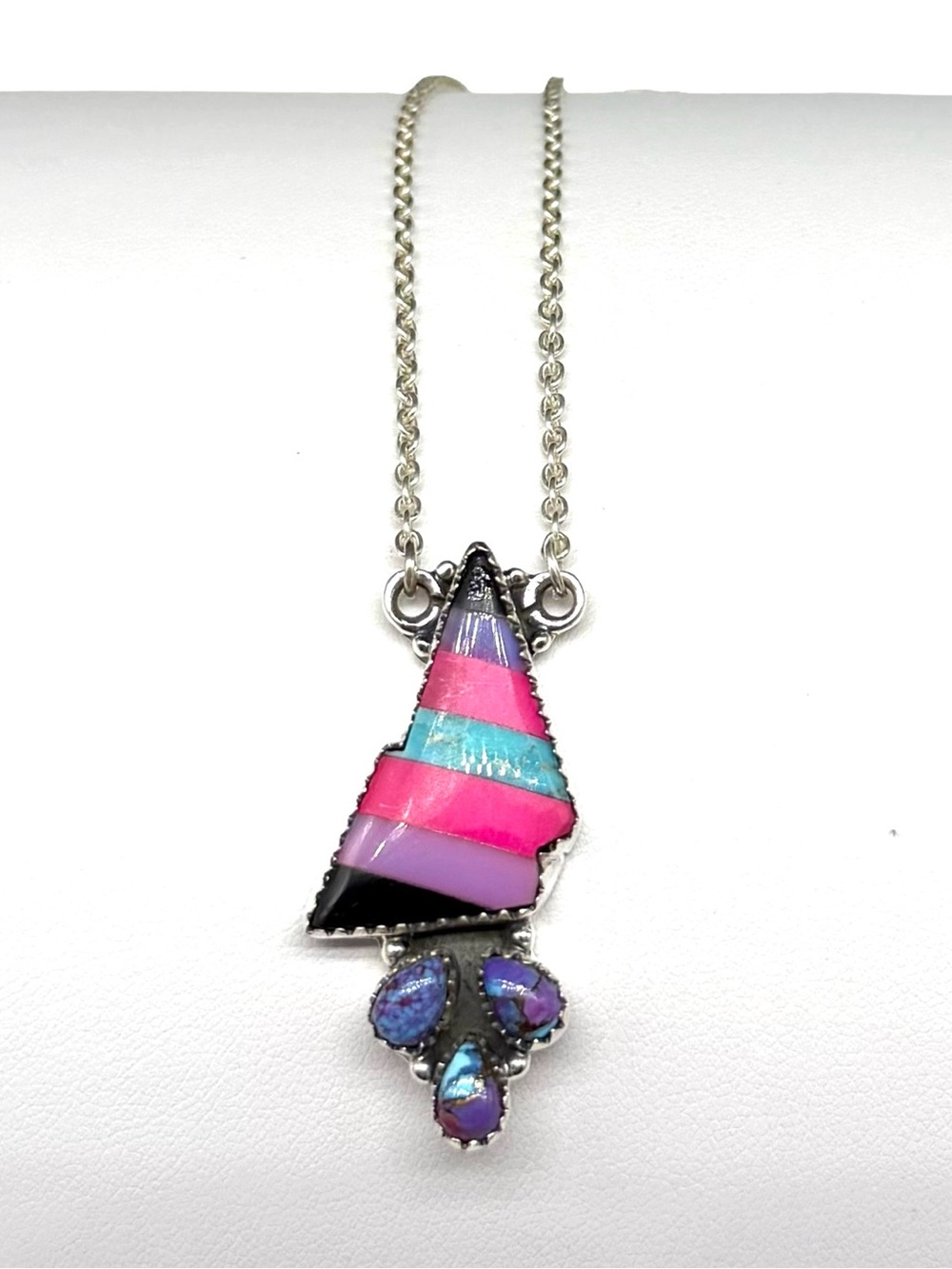 Kingman Turquoise Aurora Opal Lightning Bolt Necklace 925 Sterling Silver